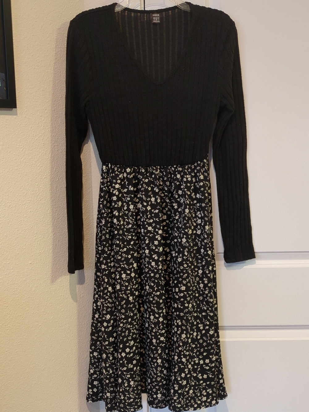 Black Long-Sleeve Knit Top Floral Skirt Dress